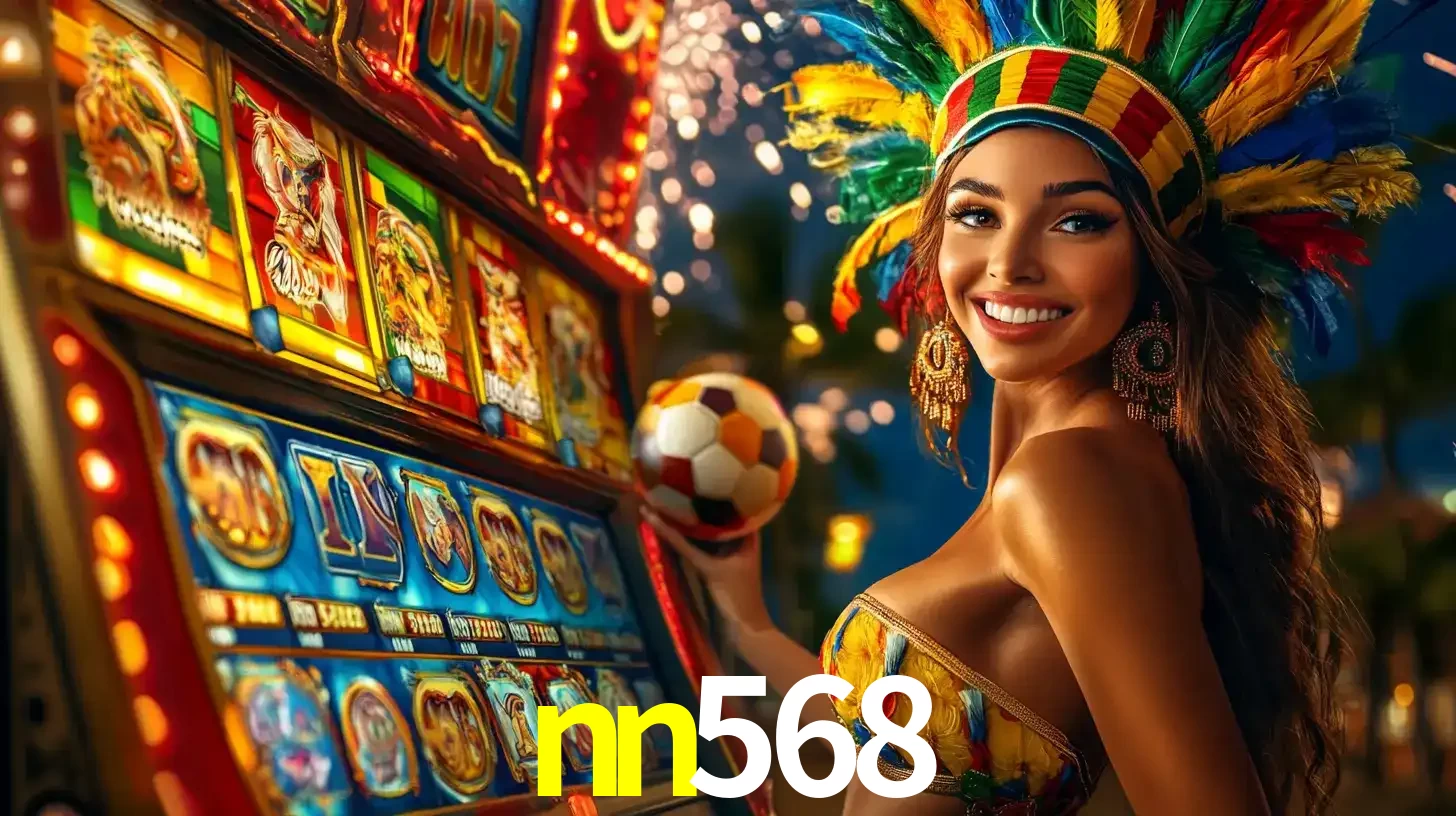 Mulher com um cocar de carnaval ao lado de uma máquina de caça-níqueis enquanto segura uma bola de futebol, mostrando a união da diversão de cassino e esportes no nn568.