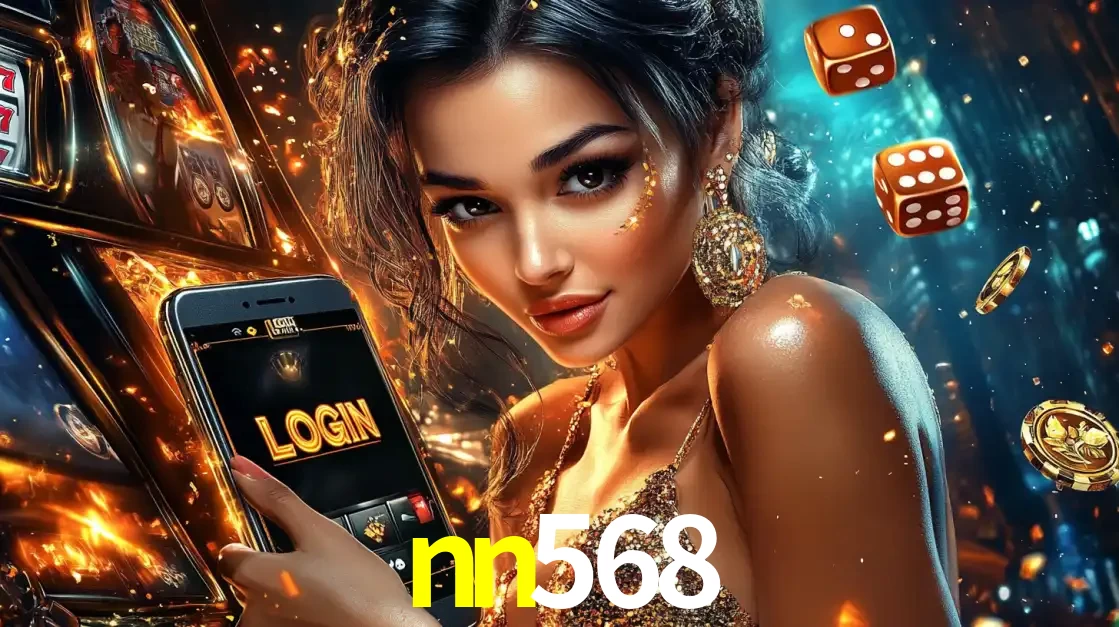 Mulher glamourosa segurando um celular com a tela de login do cassino nn568, rodeada por dados e moedas douradas, pronta para começar a diversão.
