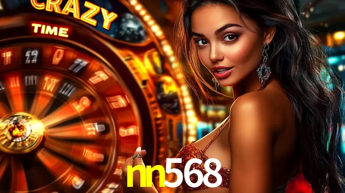 Mulher ao lado da roda de prêmios do jogo de cassino ao vivo Crazy Time, um dos shows de jogos mais emocionantes oferecidos pela plataforma de apostas nn568.