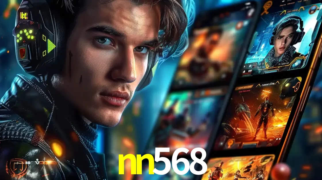 Jovem jogador com fones de ouvido olhando para a câmera, com um aplicativo de jogos e e-sports para celular ao fundo, pronto para a competição e apostas no nn568.