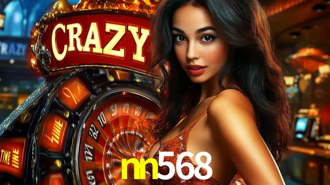 Mulher glamourosa olhando para a câmera com a roda vermelha do Crazy Time ao fundo em um ambiente de cassino, destacando a emoção dos jogos ao vivo no nn568.