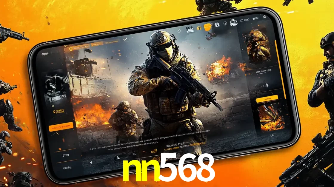 Um smartphone exibindo a interface de um jogo de tiro em primeira pessoa, com um soldado em um cenário de batalha, representando a ação dos e-sports para apostar no nn568.