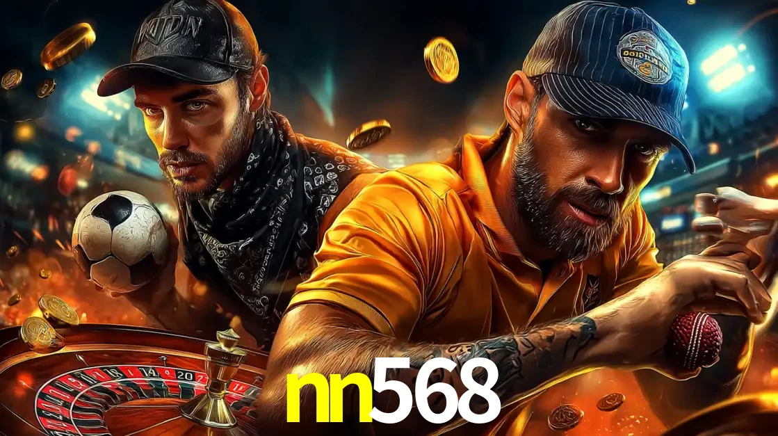 Montagem de apostas esportivas e cassino no nn568, com um homem segurando uma bola de futebol e outro uma de beisebol sobre uma roleta e moedas voadoras.