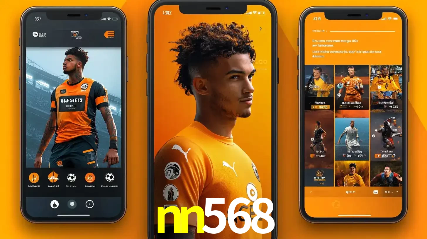 Interface do aplicativo de apostas esportivas nn568 em três telas de celular, mostrando o perfil de um jogador de futebol e a lista de jogos disponíveis para apostar.