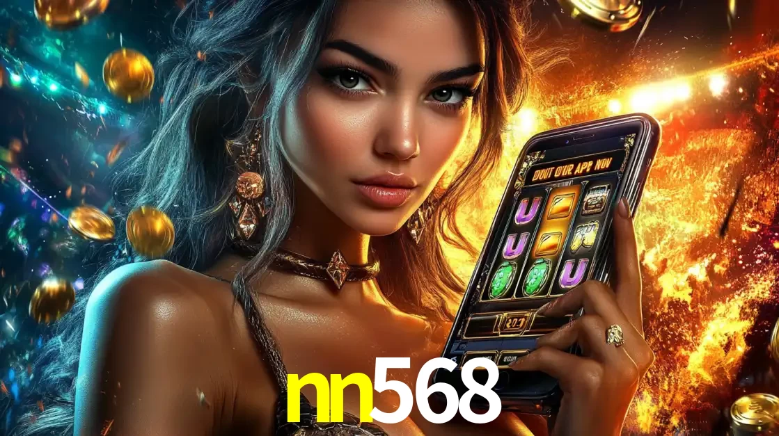 Mulher elegante mostrando um jogo de caça-níqueis em seu smartphone, destacando a experiência de cassino móvel oferecida pelo aplicativo nn568.