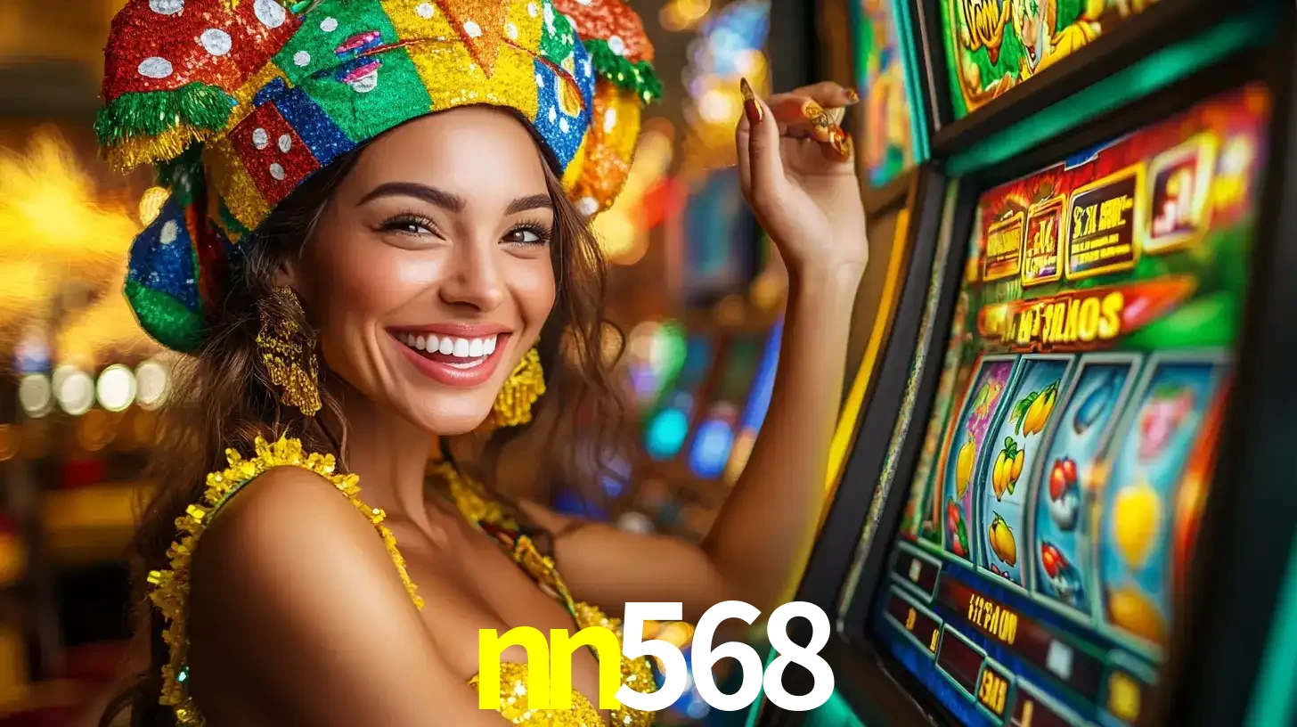 Mulher feliz com traje de carnaval amarelo e colorido ao lado de uma máquina de caça-níqueis, aproveitando a diversão e os jogos temáticos do cassino nn568.