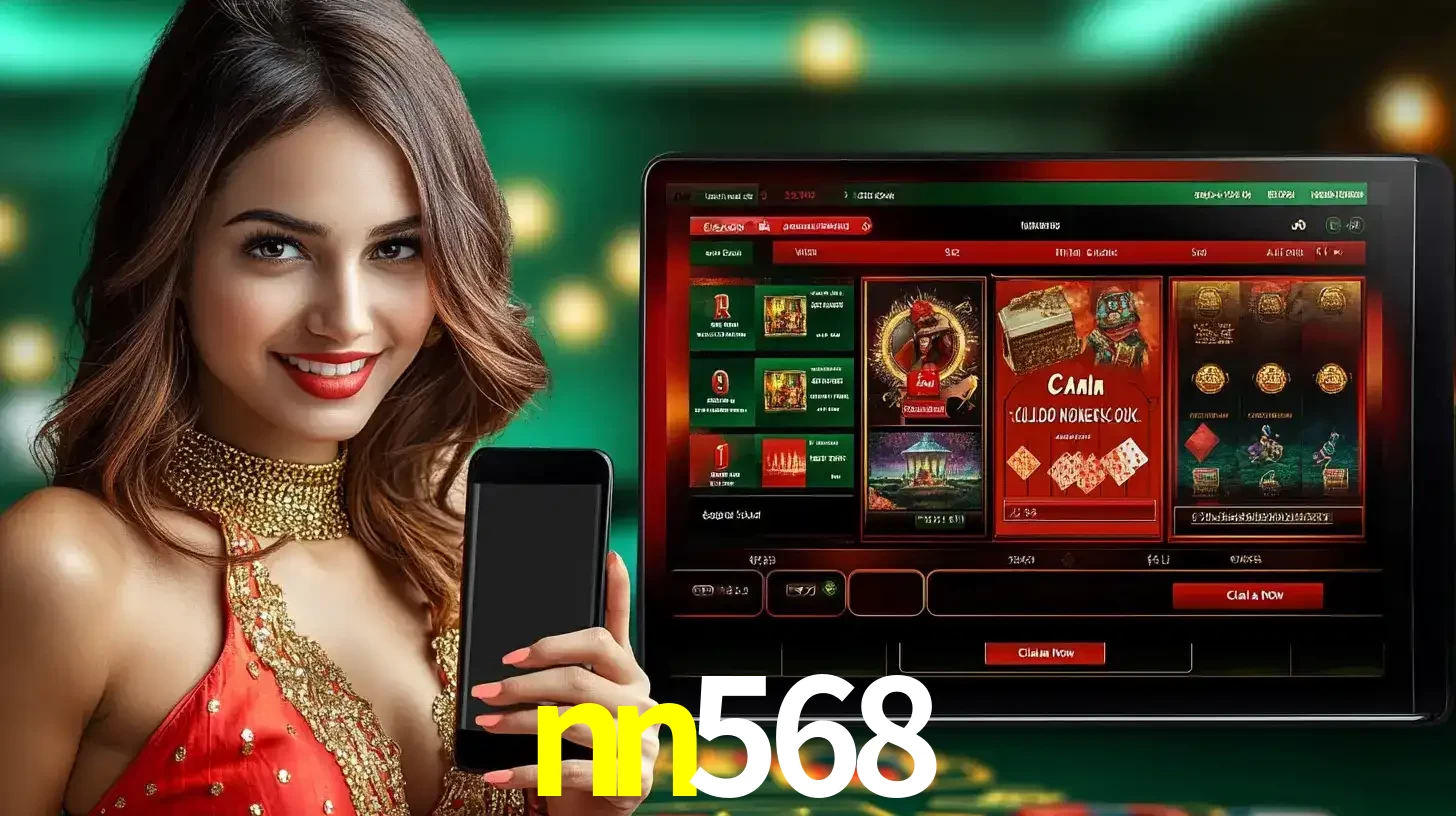 Mulher sorridente segurando um smartphone, ao lado de uma tela exibindo o lobby de jogos do cassino online nn568, com várias opções de jogos de cartas e slots.